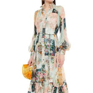 Zimmerman Wavelength patchwork Belted Printed midi shirt Dress Size 3